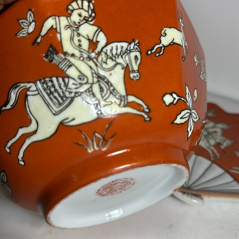 Japanese Kutani Ware porcelain Bowl Fan-Shaped Plate Set Horse Rider Design - Picture 8 of 11